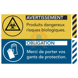 Panneau risques biologiques port gants obligatoire