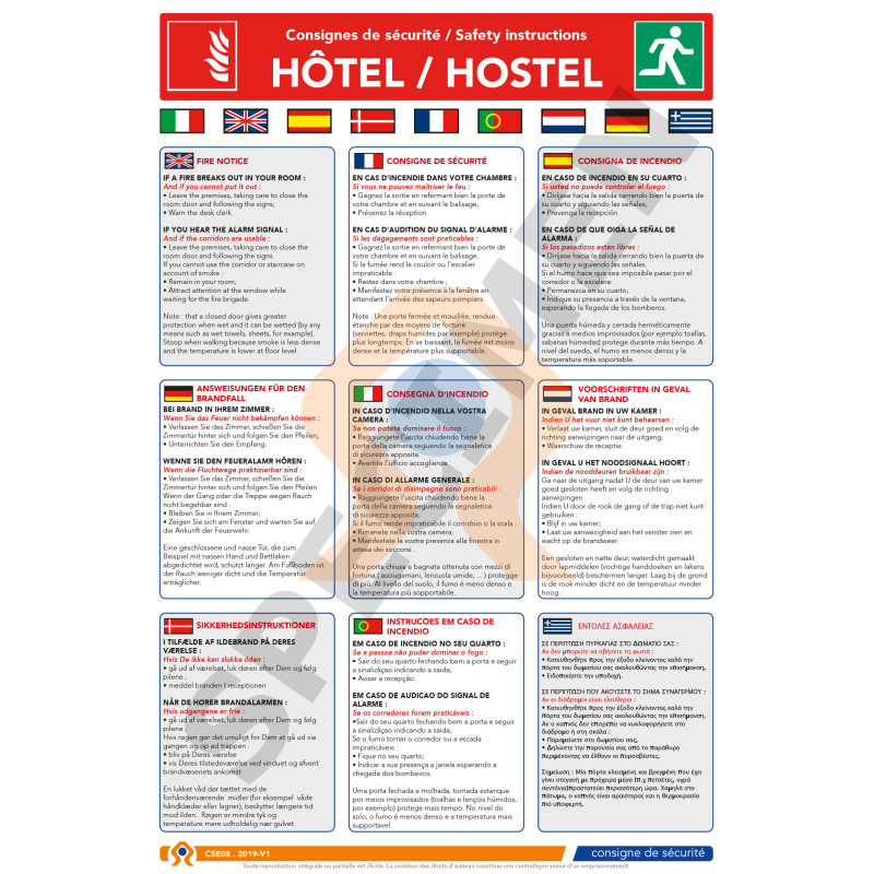 Consigne de sécurité Hôtel traduite en 9 langues