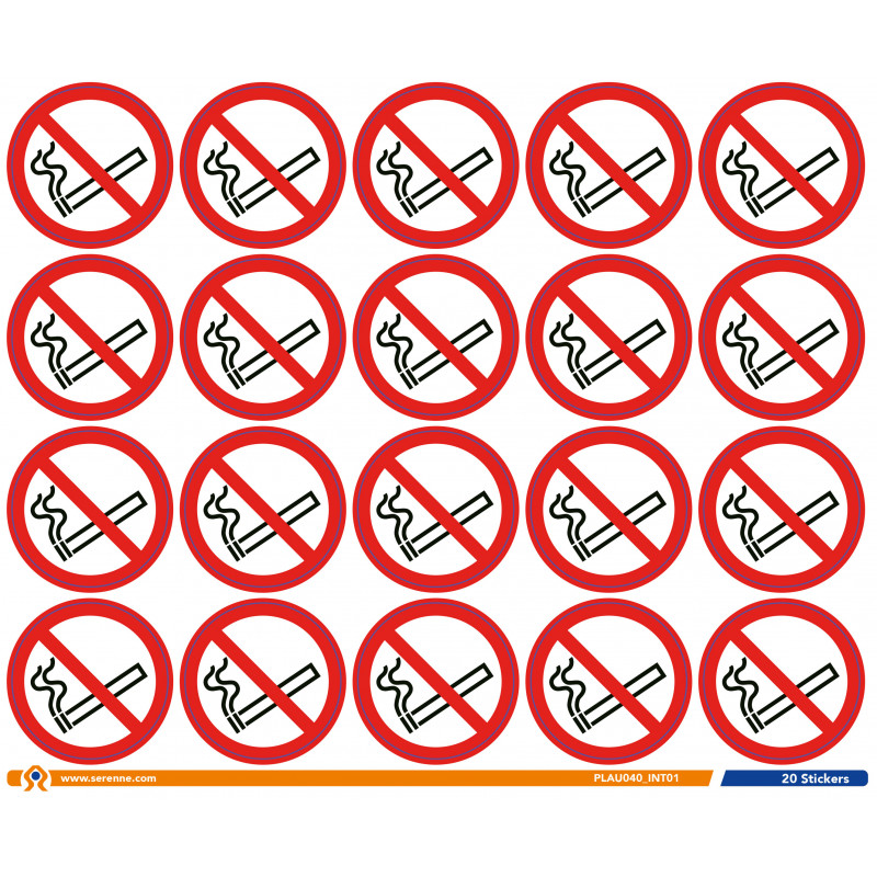 Planche de 20 stickers interdiction de fumer prédécoupés 40 mm